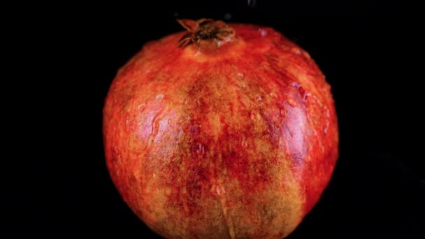 水滴は黒い背景に回転する赤いザクロの果実に落ちる — ストック動画