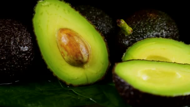 水滴は黒い背景に葉が付いているアボカドの果物に落ちます フルーツ 健康的な食べ物 — ストック動画