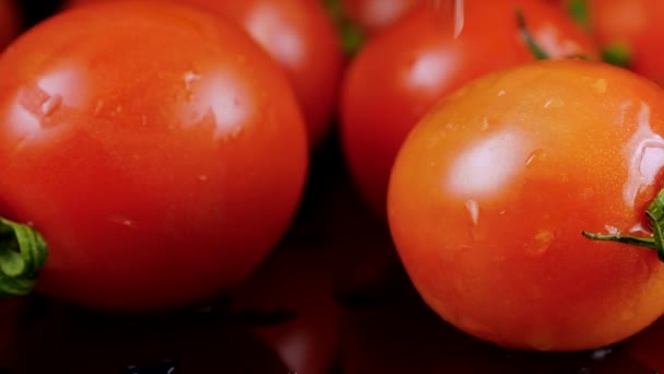 一滴水滴落在黑色背景的樱桃番茄上 — 图库视频影像