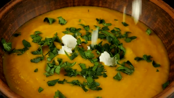 Pieces Cheese Fall Clay Bowl Pumpkin Puree Soup Parsley — Stock Video