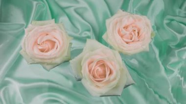 Pembe gül çiçekleri mavi ipek arka planda suyun yüzeyinde yüzer..