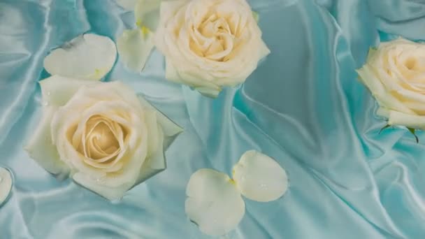 Květiny Okvětní Lístky Bílých Růží Vznášejí Hladině Vody Modrém Hedvábí — Stock video