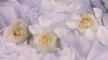 Su damlaları suyun yüzeyine süzülen beyaz gül yapraklarıyla su altında gül çiçeklerinin arka planına düşer. Leylak tonunda kompozisyon.