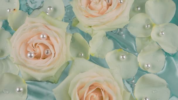 Pérolas Caem Sobre Luxuoso Fundo Azul Claro Flores Pétalas Rosa — Vídeo de Stock