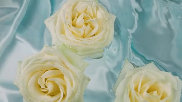 Bílé Růže Květiny Plavat Hladině Vody Modrém Hedvábí Pozadí — Stock video