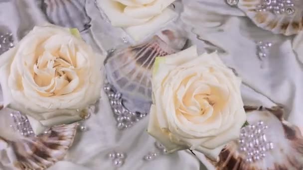 stock video Floating white roses against a background of seashells with pearls underwater and ripples on the surface of the water.