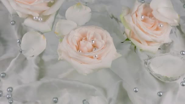 ローズ花びらはバラの花と真珠で水面に落ちる グレーピンクのパステルカラーの背景 — ストック動画