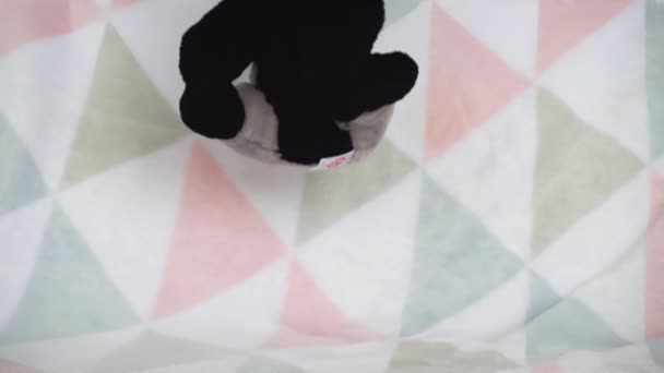 Peluche Peluche Relleno Esponjoso Gorila Cae Sobre Una Manta Bebé — Vídeos de Stock