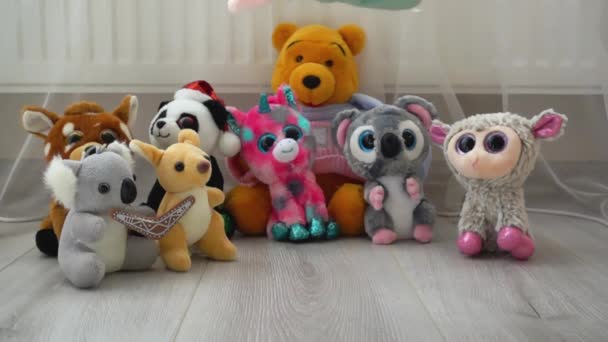 Stuffed Fluffy Pink Piglet Plush Toy Falls Laminate Play Area — Stock Video