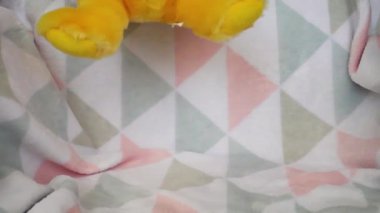 Doldurulmuş ve pofuduk oyuncak ayılar yumuşak bir bebek battaniyesine düşerler. Yavaş çekim.