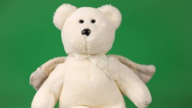 Doldurulmuş ve pofuduk oyuncak ayıcıklar. Melek kanatlarıyla yeşil arka planda dans edip oynuyorlar..