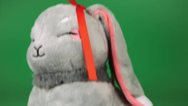 Фарширована Пухнаста Іграшка Сірий Кролик Танцює Зеленому Фоні — стокове відео