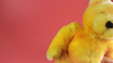 Doldurulmuş ve pofuduk oyuncak ayı pembe arka planda dans ediyor..