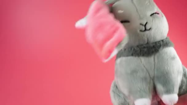 Фаршированный Пушистый Игрушечный Серый Кролик Играет Танцует Розовом Фоне — стоковое видео
