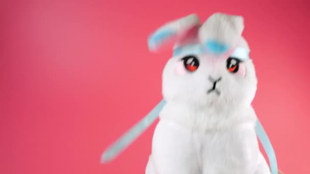Фаршированные Пушистые Игрушки Белый Кролик Играет Танцует Розовом Фоне — стоковое видео