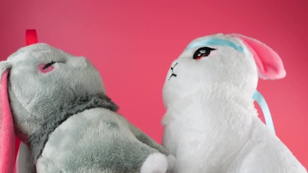 Фарширована Пухнаста Іграшка Сірих Білих Кроликів Грають Рожевому Фоні — стокове відео
