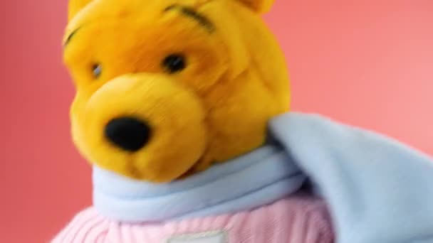 毛绒绒玩具熊在粉色背景下嬉戏跳舞 — 图库视频影像