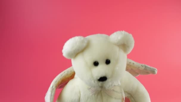 Pluszowe Puszyste Pluszowe Misie Zabawki Anielskimi Skrzydłami Różowym Tle — Wideo stockowe