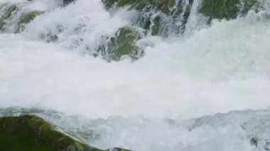 Bir dağ nehrinin fırtınalı suları ve şelaleleri. Yavaş çekim.