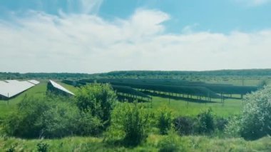 Güneş ışınlarının altındaki bir alanda güneş panelleri..