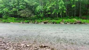 Yağmur sırasında bir dağ nehrinde su akar..