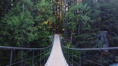 Whistler 'da, Cheakamus Nehri' nden geçmişteki tren harabelerine akan suların üzerindeki asma köprü boyunca, ormandaki terk edilmiş harabelere doğru inanılmaz bir yürüyüş yolu var. Whistler, British Columbia, Kanada.