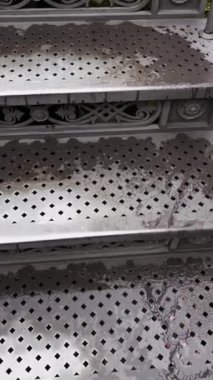 Evin duvarlarında metal merdivenler ve petunya çiçekleri var. Eski Avrupa şehrinin mimarisini gören bir manzarayla çatıya çıkın. Dikey video.