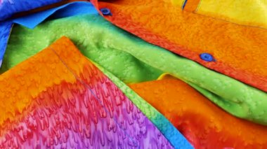 Gökkuşağı renklerine boyanmış parlak kumaştan yapılmış bir gömleğin üst görünümü bir vitrin üzerinde döner. Tasarım, moda, kıyafet ve aksesuar terziliği. LGBTQ temasının tekstil arkaplanı.