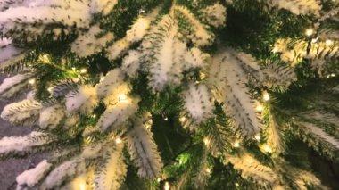 Bir gece şehrinde yeşil Noel ağaçlarına çelenklerin arkasına kar yağar..