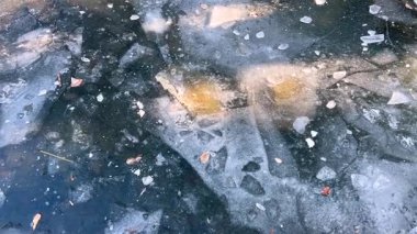 Kışın donmuş bir göletin buz yüzeyi.