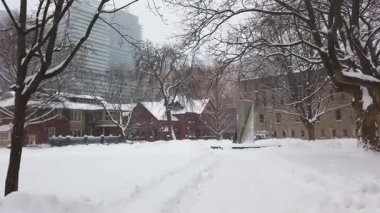 Toronto, Ontario, Kanada 'da karlı bir kış. Eski binaları ve modern gökdelenleri gören küçük bir parkta karlı bir yolda yürüyorum..