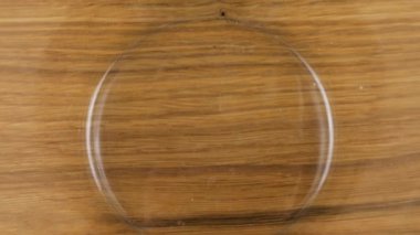 Kabuk şeklindeki makarna, cam şeffaf bir kaseye, tahta bir meşe tahtasına dökülür. Üst Manzara. Yavaş çekim.