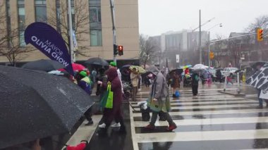TORONTO, CanADA - 17 Mart 2025: Toronto, Ontario, Kanada 'da Aziz Patrick Günü geçit töreni. Şiddetli yağmurda yağmurluk giyen ve şemsiye taşıyan bir grup insan geçit törenine katılıyor.