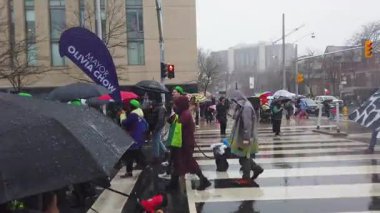 TORONTO, CanADA - 17 Mart 2025: Toronto, Ontario, Kanada 'da Aziz Patrick Günü geçit töreni. Şiddetli yağmurda yağmurluk giyen ve şemsiye taşıyan bir grup insan geçit törenine katılıyor.