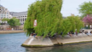 Sen nehri kıyısında bir tekne gezisi. Cite Adası 'ndaki Vert-Galant Meydanı manzarası, Paris' in 4. arrondissement bölgesindeki Seine Nehri ve Pont Neuf seti üzerinde dinlenen insanlar. Odaklanamıyorum. Paris, Fransa.