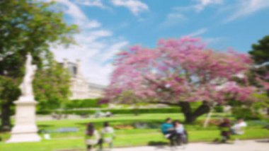 Baharda, çiçek açan ağaçlar, çiçek tarlaları ve Louvre manzaralı Tuileries Bahçesi. Tuileries Parkı 'nda yürüyen ve dinlenen insanlar. Paris, Fransa. Odaklanamıyorum.
