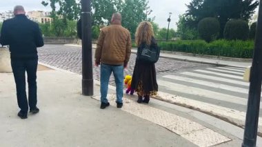 PARIS, FRANCE - 21 Nisan 2025: bir kadın köpeğiyle yaya geçidinden geçiyor. Kaniş gökkuşağı renginde boyanmış..