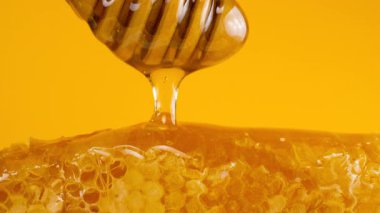 Altın bal akıntıları kaşık Milli sarı arka planda bal peteklerinin üzerine damlıyor. Balmumu bal peteklerine yakın çekim. Makro atış. Sağlıklı yeme kavramı.