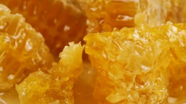 Altın ballı bal peteği parçaları beyaz bir tabakta dönüyor. Balmumu hücrelerini arı balı ile kapatın. Makro atış. Sağlıklı yeme kavramı.