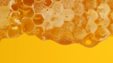 Sarı arka planda bal peteklerinden altın bal damlıyor. Balmumu bal peteklerine yakın çekim. Makro atış. Sağlıklı yeme kavramı.