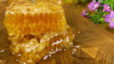 Tahta bir meşe ağacını baldan tahıl kesme tahtasını bıçakla kepçeleyip bal peteğine aktararak temizlemek. Balmumu hücrelerini arı balı ile kapatın. Sağlıklı yeme kavramı.