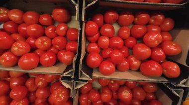 Süpermarkette karton kutularda kırmızı domatesler..