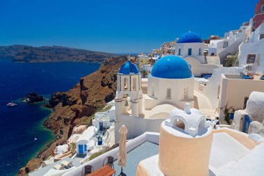 Santorini, Cyclades Adası, Yunanistan 'ın panoramik manzarası