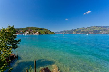 Spiez şehrinin panoramik manzarası, İsviçre Alpleri, İsviçre