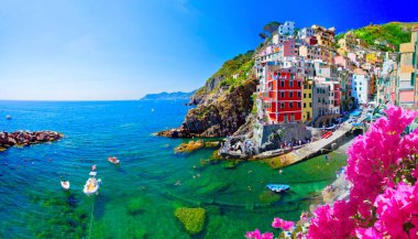 Cinque Terre, Liguria, İtalya 'daki renkli köy Manarola' nın panoramik manzarası