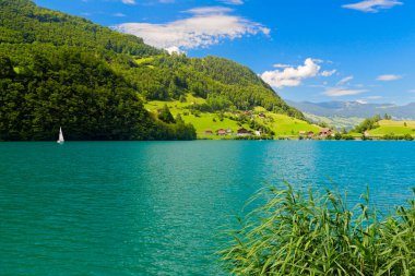 İsviçre 'nin İsviçre Alplerinde Lungern Gölü' nün panoramik manzarası
