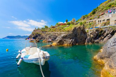 Manarola köyünün panoramik manzarası, Cinque terre, Liguria, İtalya