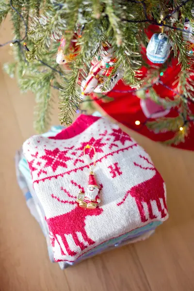 Christmas Ornament Little Santa Pile Sweaters Christmas Tree — Stock Photo, Image