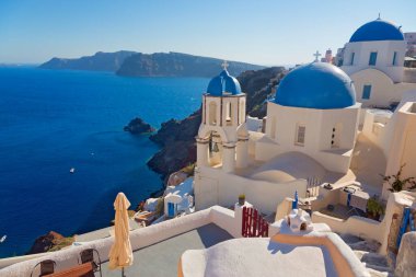 Santorini Adası, Cyclades, Yunanistan 'ın panoramik manzarası