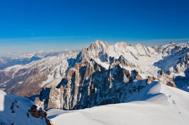 Montblanc Alanındaki Fransız Alpleri 'nin panoramik manzarası, Aiguille du Midi, Fransa